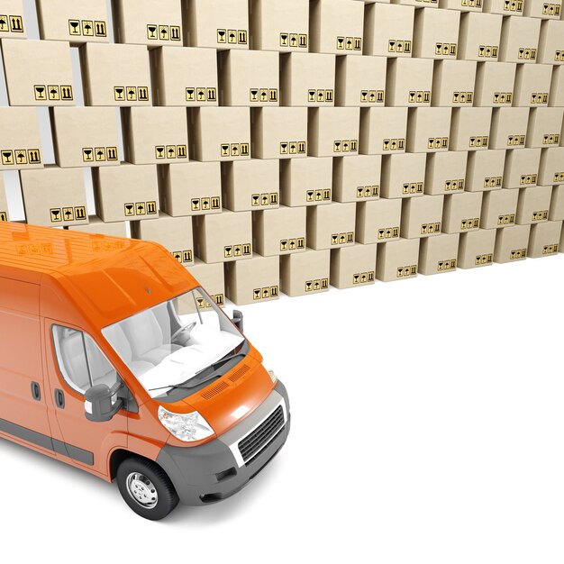 Photo camionnette de livraison orange avec des boîtes en carton