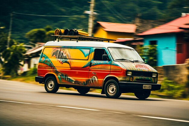 une camionnette sur une route dans le style de rodenstock imagon 300mm f58 reefwave représentation de mouvement animée