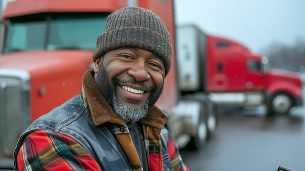 Photo un camionneur joyeux prend une pause pour vérifier son téléphone