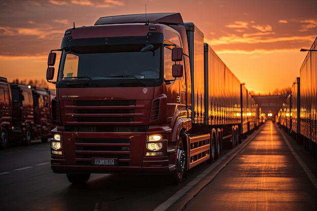 Camions alignés dans le terminal d'exportation au coucher du soleil IA générative