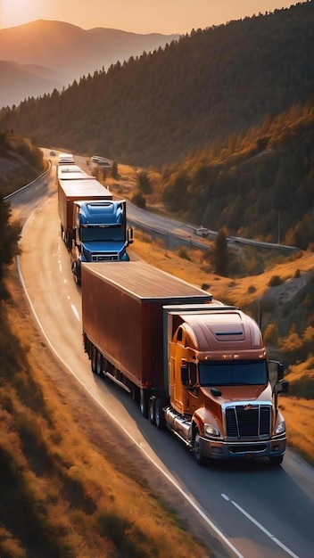 Des camions sur l'autoroute dans les montagnes au coucher du soleil