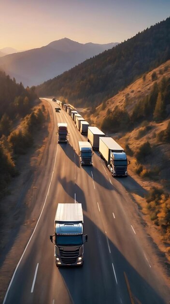 Des camions sur l'autoroute dans les montagnes au coucher du soleil