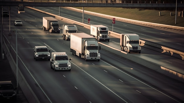 Photo des camions sur une autoroute avec un panneau indiquant 