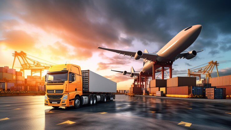 camions et avions de fret sur un conteneur de fret au coucher du soleil
