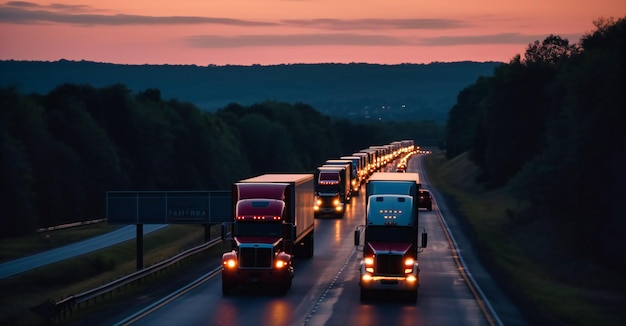 Camions circulant sur une autoroute au coucher du soleil