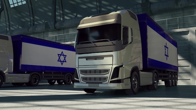 Camions de fret avec drapeau israélien. Camions d'Israël chargeant ou déchargeant au quai de l'entrepôt. rendu 3D.