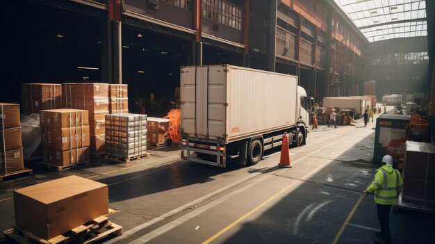 Camions de livraison urbains chargant et déchargant des marchandises dans un entrepôt urbain