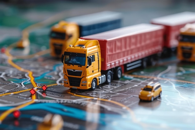 Des camions miniatures sur une carte GPS représentant le réseau logistique mondial