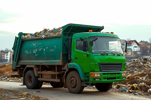 Photo camions à ordures au travail vidant les conteneurs à déchets pour une élimination appropriée