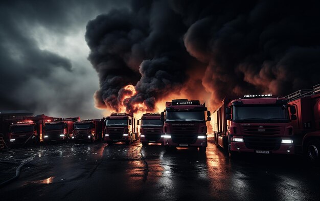 Des camions de pompiers rouges dans une scène remplie de fumée