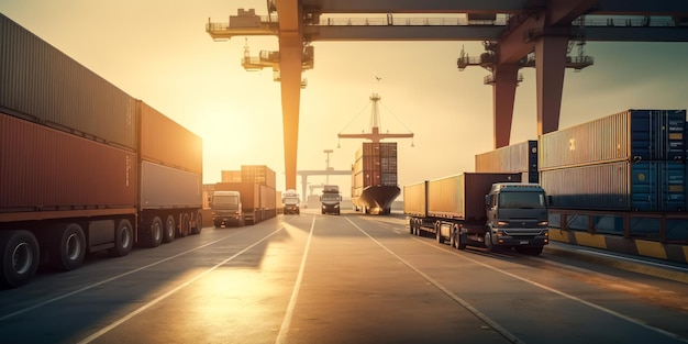 Camions sur une route avec un coucher de soleil en arrière-plan Camions porte-conteneurs au port pour les activités de logistique