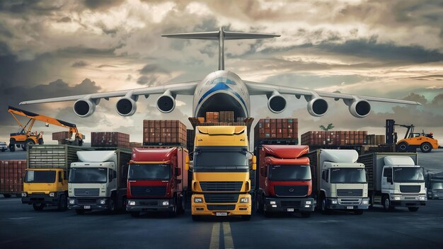 Camions de transport de différentes tailles prêts à être expédiés avec un avion de transport