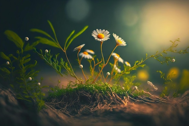 Camomille mignonne sur des tiges minces avec des feuilles fleurissent dans le dégagement de la forêt