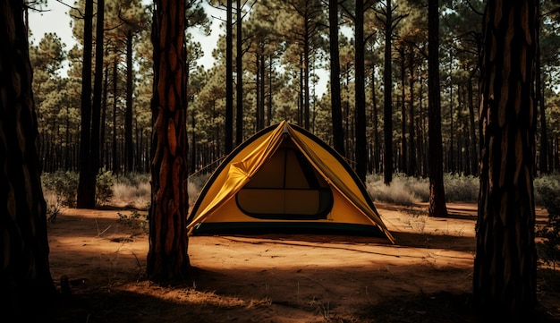 Camp d'été dans la pinèdevue de tentes de camping parmi les pins ai générative