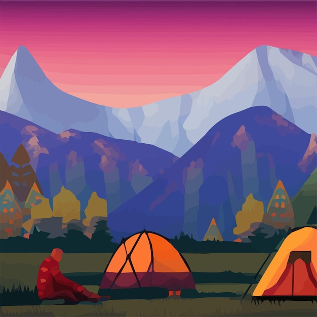 Camp d'été Illustration vectorielleCamping avec fond de camping montagnes avec soirée lac