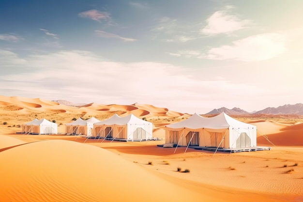 Photo camp de glamping de luxe contemporain au maroc désert du sahara dunes de sable autour de nombreuses tentes écologiques modernes blanches
