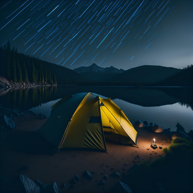 Camp de nuit avec des arbres, un lac et des montagnes en arrière-plan