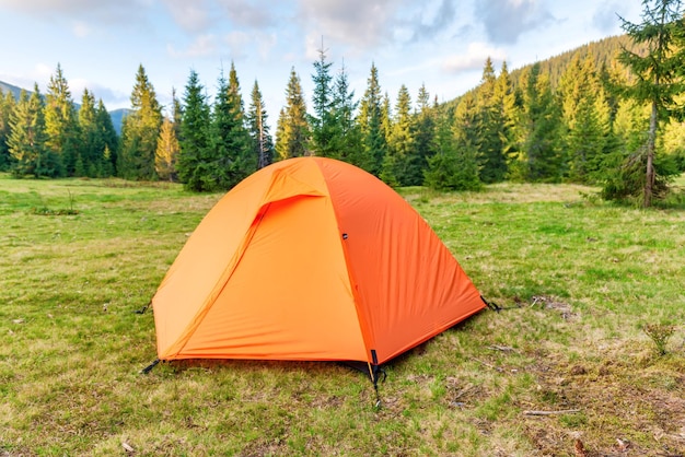 Camp de tente orange dans la forêt verte