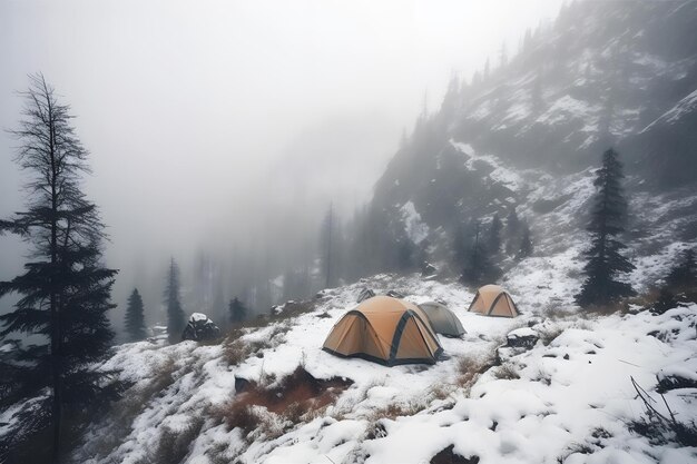 Camp de tentes touristiques dans les hautes terres brumeuses couvertes de neige Réseau de neurones généré en mai 2023 Non basé sur une scène ou un modèle de personne réelle