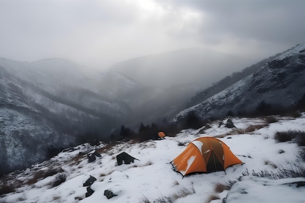 Camp de tentes touristiques dans les hautes terres brumeuses couvertes de neige Réseau de neurones généré en mai 2023 Non basé sur une scène ou un modèle de personne réelle