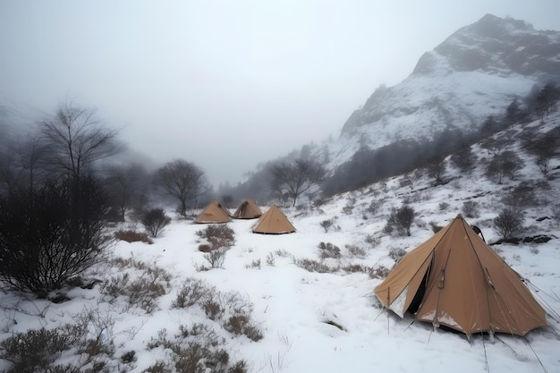 Camp de tentes touristiques à l'image générée par le réseau de neurones des hautes terres brumeuses couvertes de neige