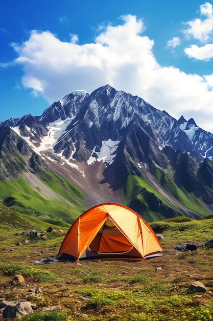 Un camp de touristes dans les montagnes une tente au premier plan AI générative