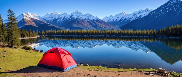 Camp touristique dans la tente de montagne au premier plan IA générative