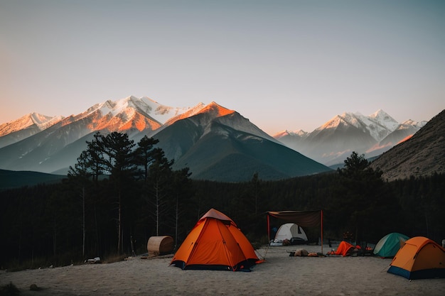 Camp touristique dans la tente de montagne au premier plan IA générative