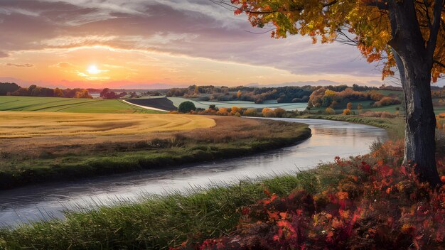 Une campagne d'automne avec un coucher de soleil au bord de la rivière, des feuillages vibrants et des champs agricoles.