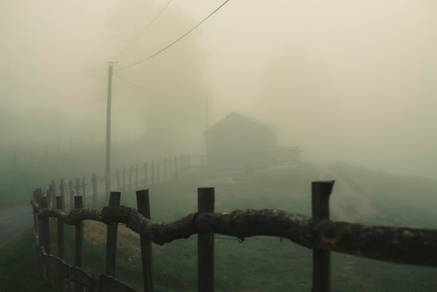 Campagne avec clôture en bois et brouillard au printemps