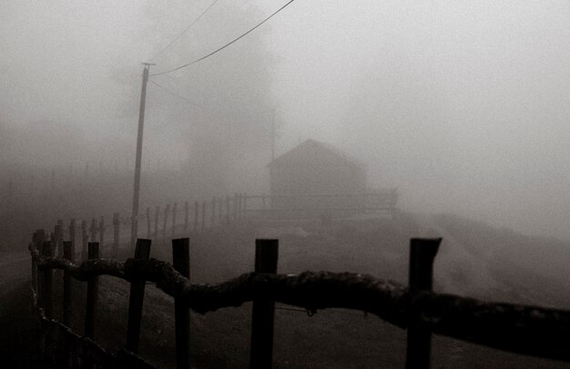 Campagne avec clôture en bois et brouillard au printemps