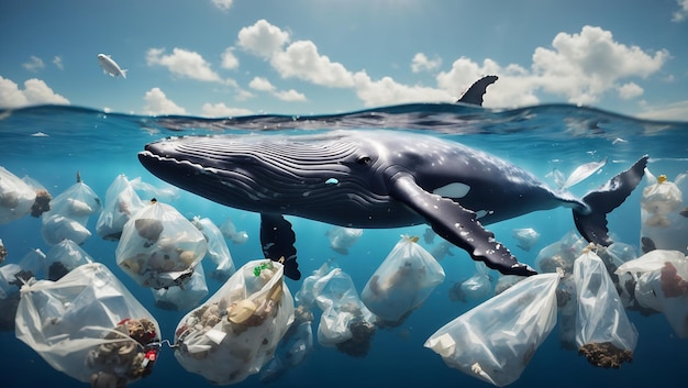 Photo campagne contre la pollution des océans avec des baleines nageant avec des sacs en plastique flottants