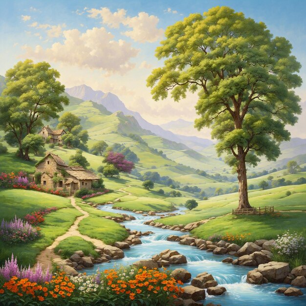 Photo la campagne est une peinture de paysage époustouflante avec des collines vertes vallonnées.