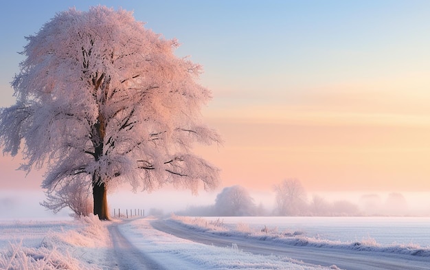 Photo la campagne d'hiver au lever du soleil le matin glacé