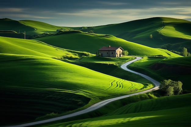 Campagne idyllique, collines et terres agricoles