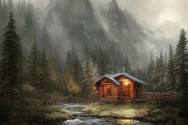 Une campagne paisible dans une forêt de montagne avec une cabane un jour de pluie