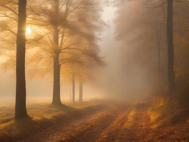 La campagne, le paysage naturel paisible, l'après-midi d'automne brumeux avec la lumière dorée du soleil.