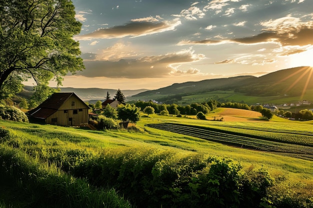 Photo une campagne pittoresque avec des champs et une ferme générée par l'ia