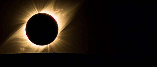 La campagne se déroule sous la beauté éthérée d'une éclipse solaire avec la lune sombre encadrée par le halo des soleils brillants dans un cadre rural serein