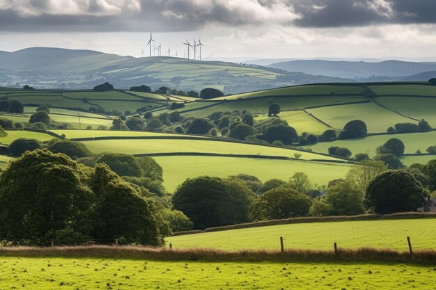 Campagne vallonnée avec des éoliennes en arrière-plan créées avec une IA générative