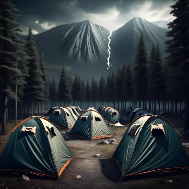 Un campement désolé avec des tentes détruites