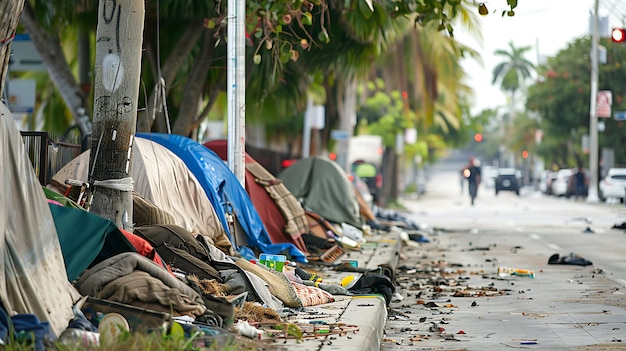 Un campement de sans-abri longe un trottoir dans une zone urbaine. Le campement est composé de plusieurs tentes et de tentes, ainsi que de divers effets personnels.