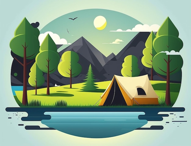 Camper avec des arbres, un lac et camper sous une tente