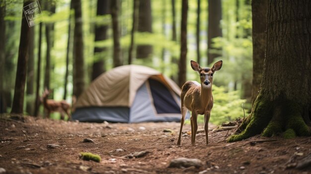 Photo camper dans la forêt avec des animaux ia générative