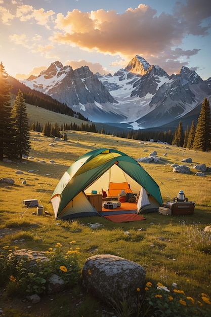 Photo camper dans un pré avec une chaîne de montagnes en arrière-plangenerer ai