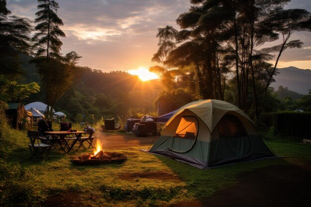 camper dans une tente haut dans les montagnes au coucher du soleil IA générative