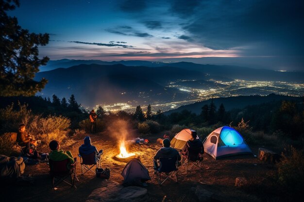 Camper sur une montagne avec de belles vues avec des amis