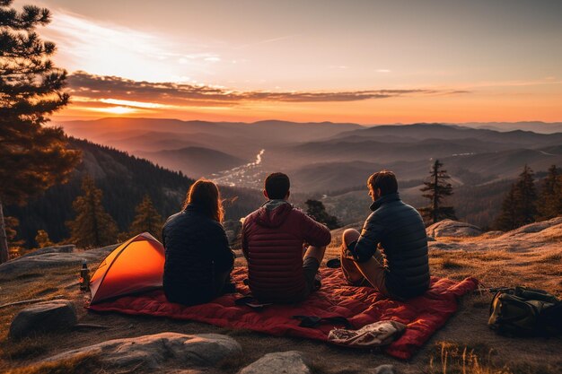 Camper sur une montagne avec de belles vues avec des amis