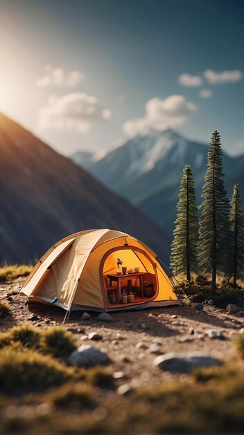 Camper Van Feu de camp en plein air dans la forêt sauvage Photographie miniature de la nature