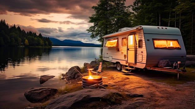 Photo un campeur sur un lac dans une belle forêt dans les montagnes